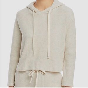 Monrow Neutral Waffle-Knit Hooded Pullover in Light Beige